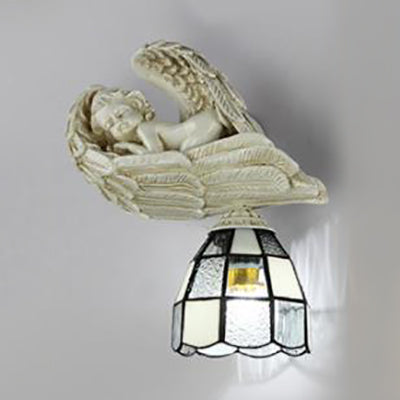 Frendorf | Hars Engel Wand Sconce Licht met Gekleurd Glazen Koepel Schaduw 1 Licht Loft Wandlamp in Wit/Blauw
