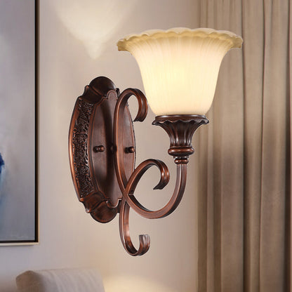 Frendorf | 1-Licht Frosted Glas Wandlicht Vintage Stil Rood Bruin Bloem Slaapkamer Wandlamp mit Kromme Arm