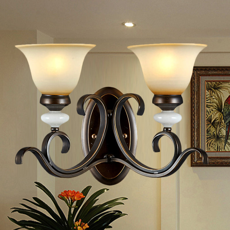 Frendorf | 1/2-Licht Glocke Wandlampe Antik Stil Schwarz Frosted Glas Wandlicht mit geschwungenem Arm für Schlafzimmer