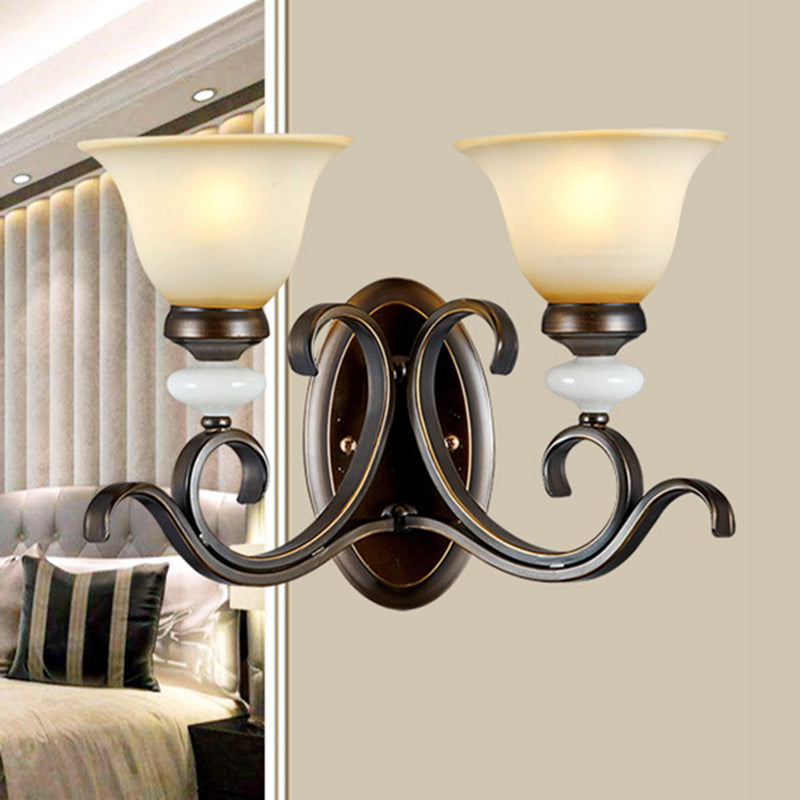 Frendorf | 1/2-Licht Glocke Wandlampe Antik Stil Schwarz Frosted Glas Wandlicht mit geschwungenem Arm für Schlafzimmer