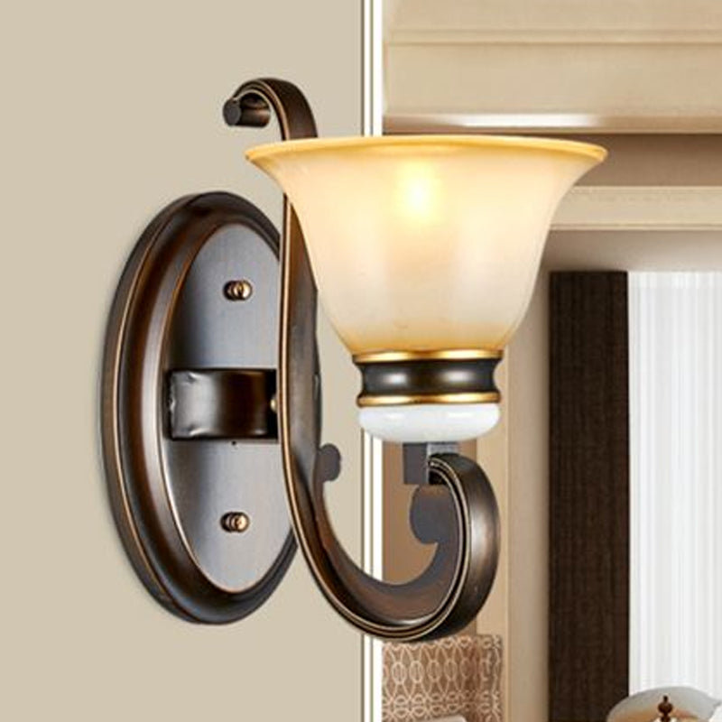 Frendorf | 1/2-Licht Glocke Wandlampe Antik Stil Schwarz Frosted Glas Wandlicht mit geschwungenem Arm für Schlafzimmer