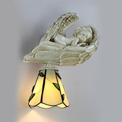 Frendorf | Blatt Wandbeleuchtung mit Harz schlafendem Engel Landhausstil Buntglas 1-Kopf Wandleuchte Licht in Klar/Beige