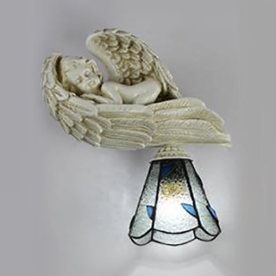 Frendorf | Blatt Wandbeleuchtung mit Harz schlafendem Engel Landhausstil Buntglas 1-Kopf Wandleuchte Licht in Klar/Beige