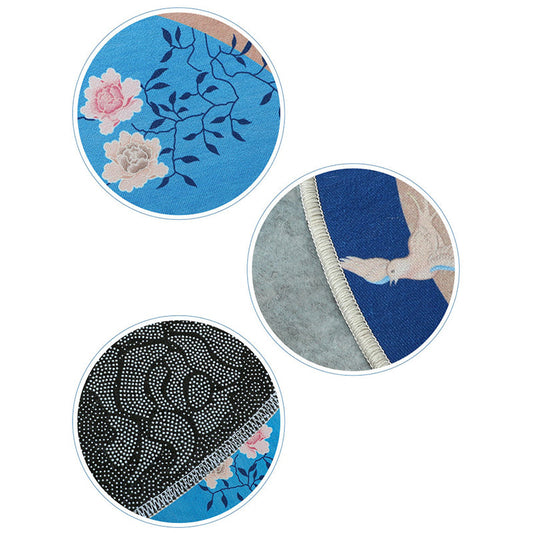 Frendorf | Blau Blumen Bedruckter Teppich Baumwollmischung Vintage Teppich mit rutschfester Unterseite Fleckenresistenter Innen Teppich für Schlafzimmer