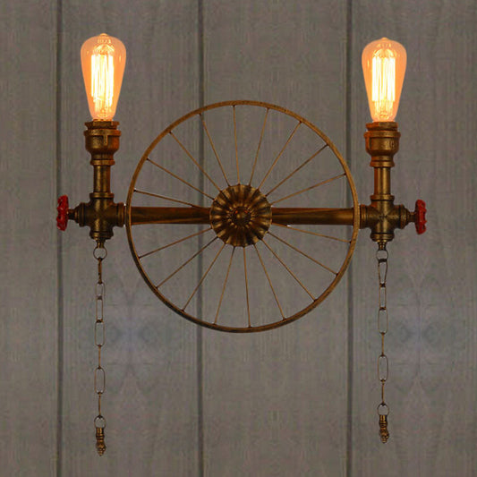 Frendorf | 1/2-Head Bare Bulb Wandmontage Licht Industrieller Stil Silber/Bronze/Antik Messing Schmiedeeisen Wandbeleuchtung mit Raddekoration