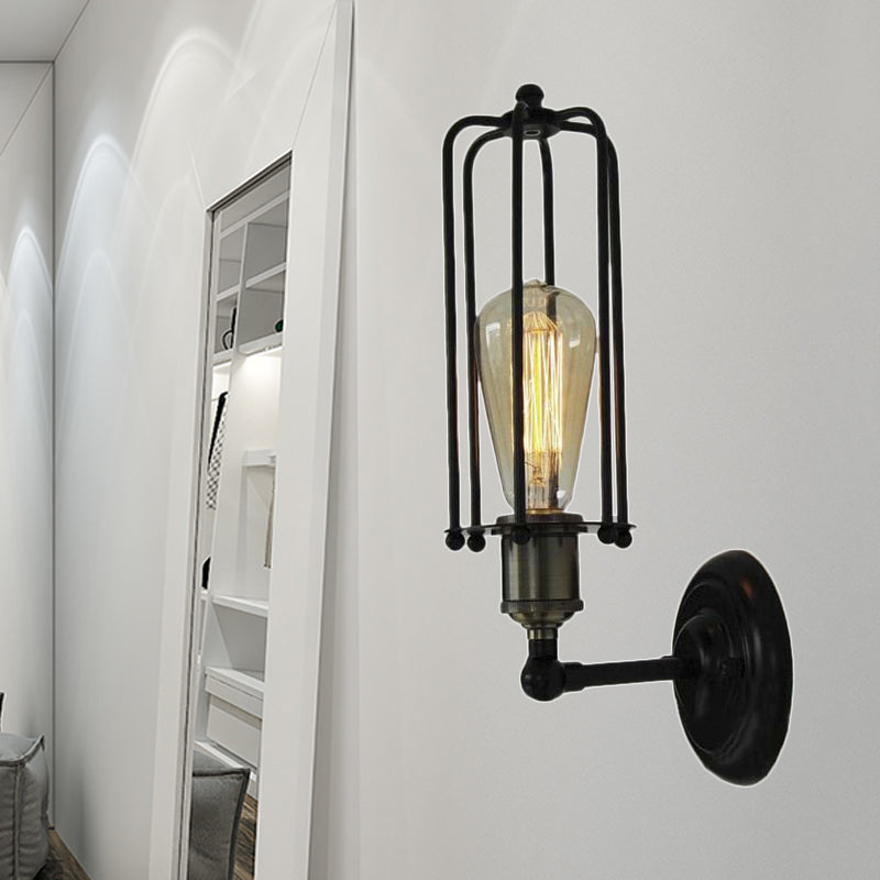 Frendorf | 1 Kopfbodenlampe Vintage Industrie Tubus Käfig Schattierung Metall Mini Wandlicht Fixture in Schwarz für Korridor
