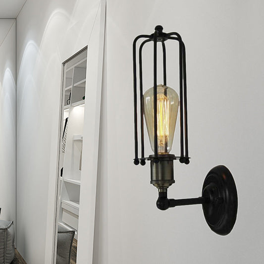 Frendorf | 1 Kopfbodenlampe Vintage Industrie Tubus Käfig Schattierung Metall Mini Wandlicht Fixture in Schwarz für Korridor