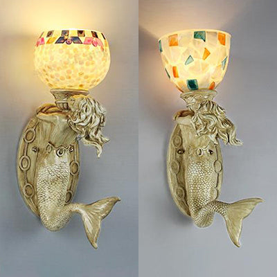 Frendorf | Shell Bowl/Dome Wandlampe Rustikal Tiffany 1 Licht Wandleuchte mit Harz Meerjungfrau in Beige