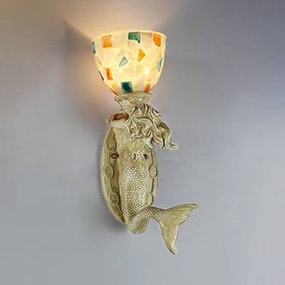 Frendorf | Shell Bowl/Dome Wandlampe Rustikal Tiffany 1 Licht Wandleuchte mit Harz Meerjungfrau in Beige