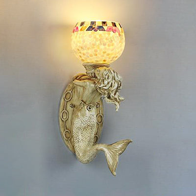 Frendorf | Shell Bowl/Dome Wandlampe Rustikal Tiffany 1 Licht Wandleuchte mit Harz Meerjungfrau in Beige