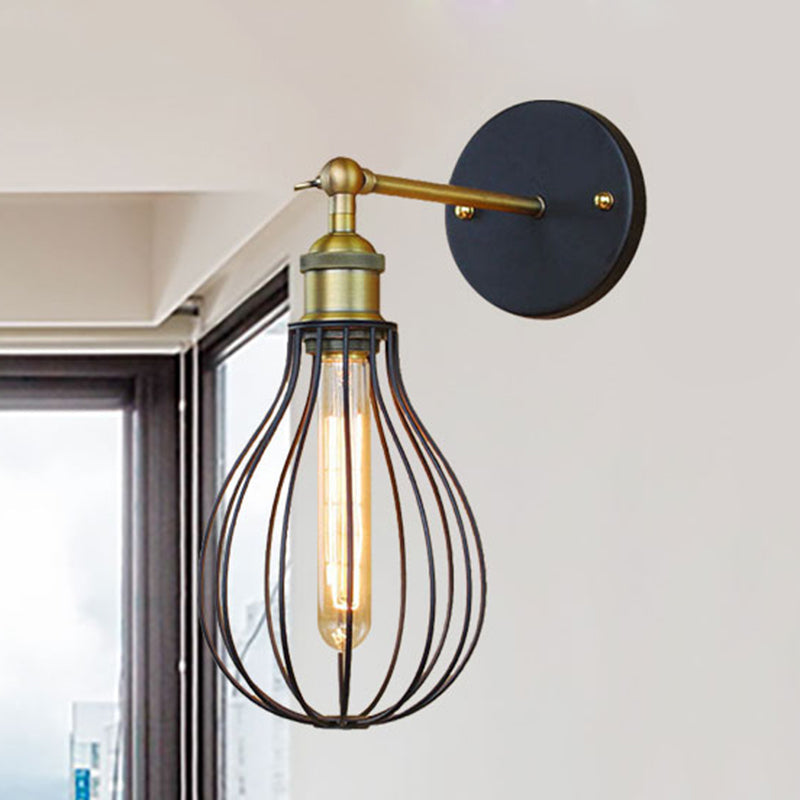 Frendorf | 1 Kopfzylinder/Tränenform Käfig Wandmontage Beleuchtung Industriell Schwarzes Metall Mini Wandlicht für Schlafzimmer