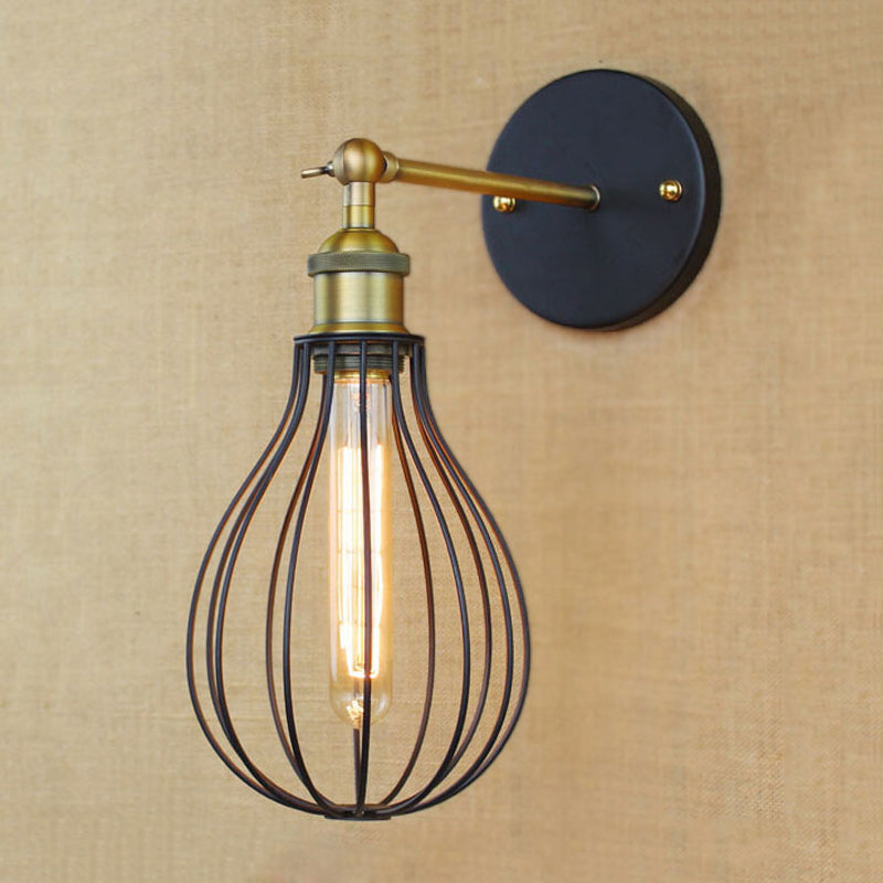 Frendorf | 1 Kopfzylinder/Tränenform Käfig Wandmontage Beleuchtung Industriell Schwarzes Metall Mini Wandlicht für Schlafzimmer