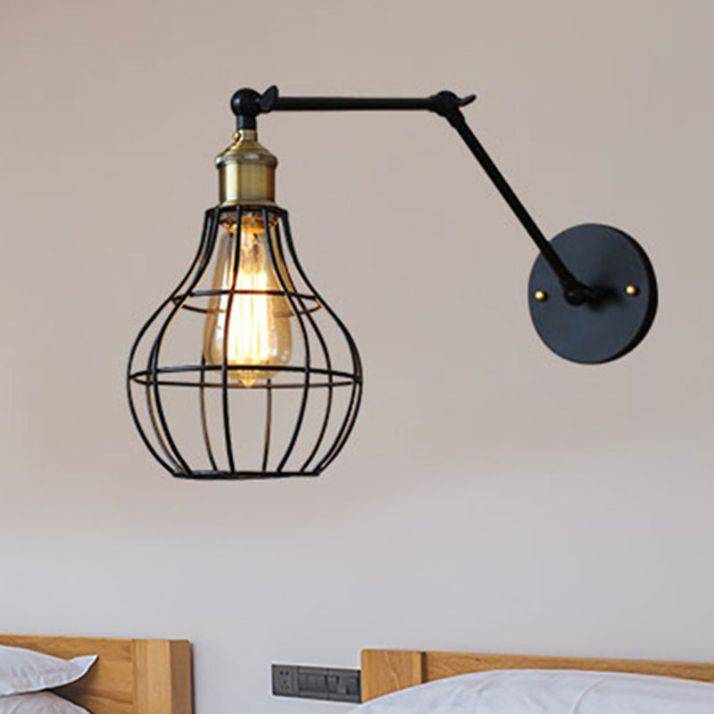 Frendorf | Schwarze Globe/Träne Wand sconce Beleuchtung mit Käfigschatten Retro Metall 1 Lichtarm verstellbare Wandmontage Licht