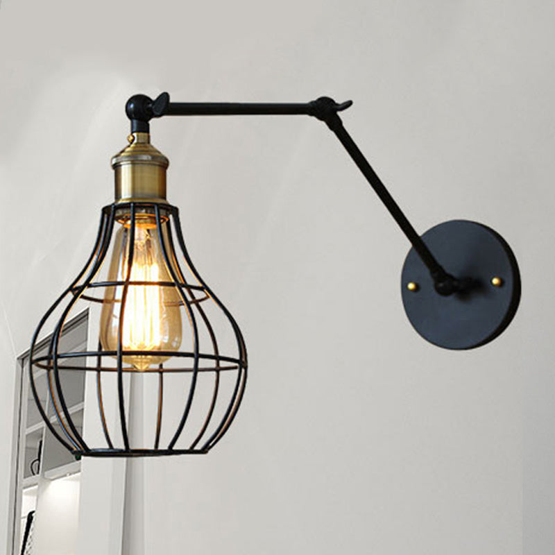 Frendorf | Schwarze Globe/Träne Wand sconce Beleuchtung mit Käfigschatten Retro Metall 1 Lichtarm verstellbare Wandmontage Licht