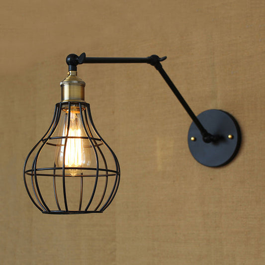 Frendorf | Schwarze Globe/Träne Wand sconce Beleuchtung mit Käfigschatten Retro Metall 1 Lichtarm verstellbare Wandmontage Licht