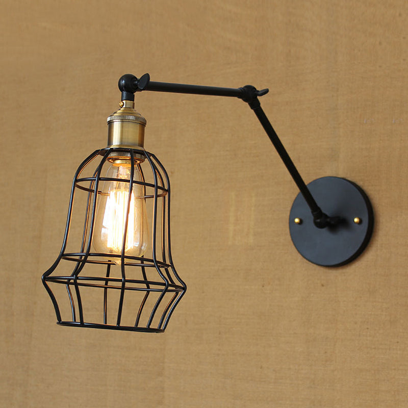 Frendorf | Schwarze Globe/Träne Wand sconce Beleuchtung mit Käfigschatten Retro Metall 1 Lichtarm verstellbare Wandmontage Licht