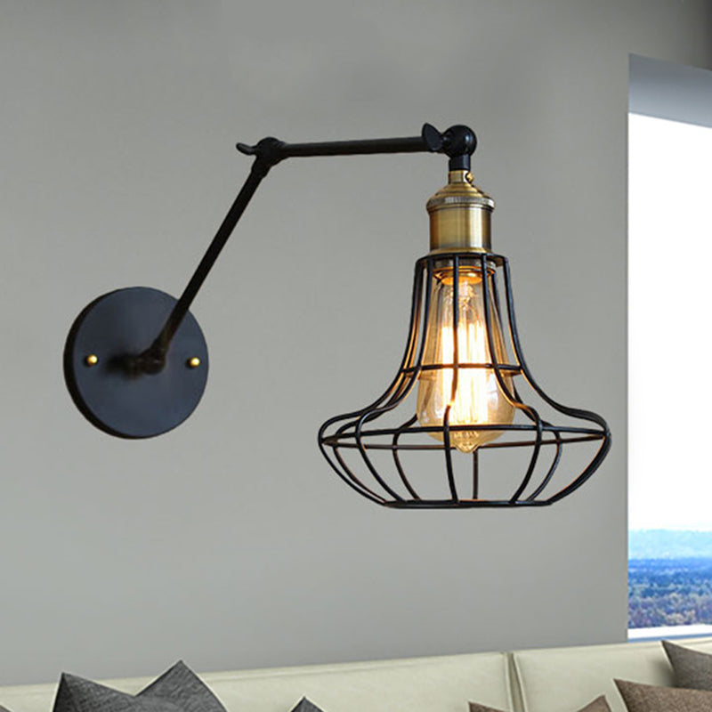 Frendorf | Schwarze Globe/Träne Wand sconce Beleuchtung mit Käfigschatten Retro Metall 1 Lichtarm verstellbare Wandmontage Licht