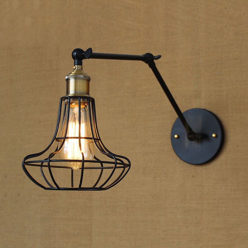 Frendorf | Schwarze Globe/Träne Wand sconce Beleuchtung mit Käfigschatten Retro Metall 1 Lichtarm verstellbare Wandmontage Licht