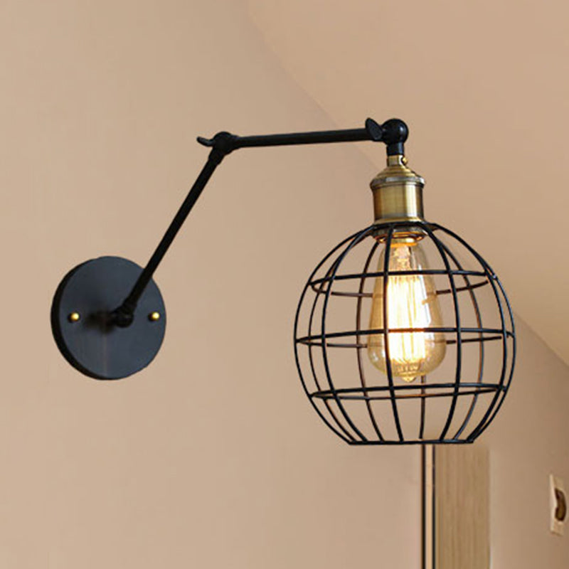 Frendorf | Schwarze Globe/Träne Wand sconce Beleuchtung mit Käfigschatten Retro Metall 1 Lichtarm verstellbare Wandmontage Licht
