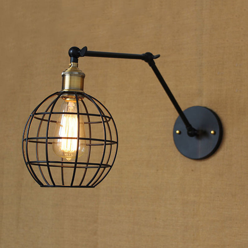 Frendorf | Schwarze Globe/Träne Wand sconce Beleuchtung mit Käfigschatten Retro Metall 1 Lichtarm verstellbare Wandmontage Licht