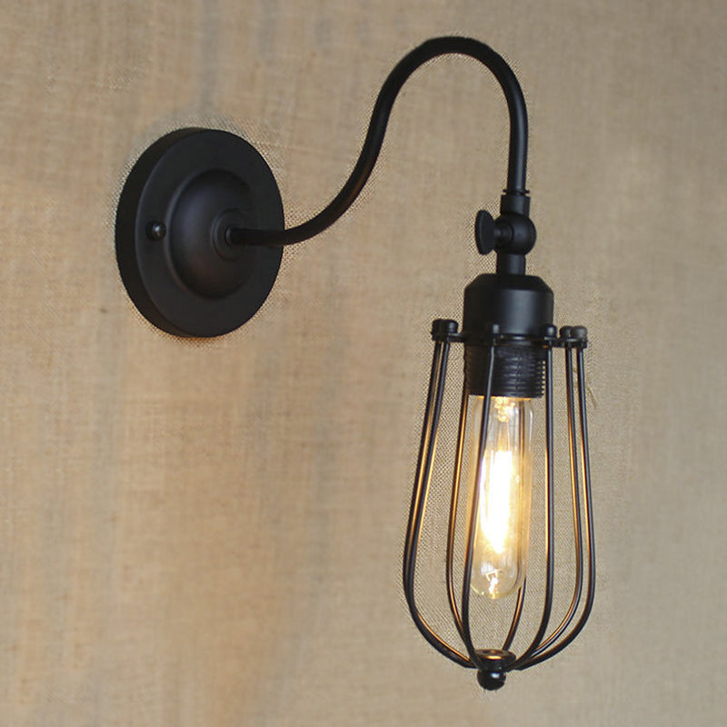 Frendorf | Schwarze Globe/Oval Käfig Wandmontage Licht mit Gooseneck Arm Retro-Stil Metall 1 Kopf Schlafzimmer Mini Wandleuchte
