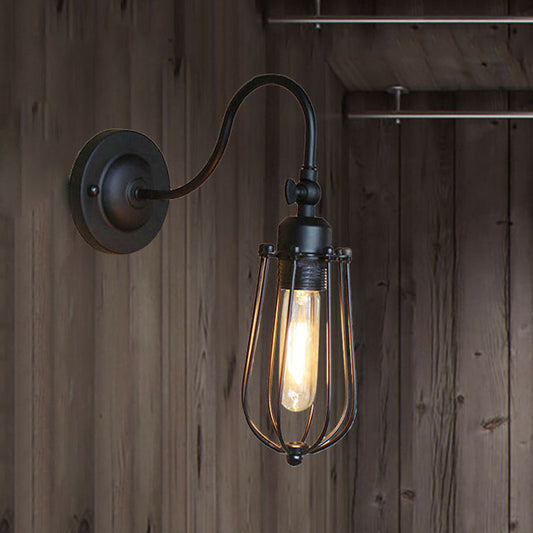 Frendorf | Schwarze Globe/Oval Käfig Wandmontage Licht mit Gooseneck Arm Retro-Stil Metall 1 Kopf Schlafzimmer Mini Wandleuchte
