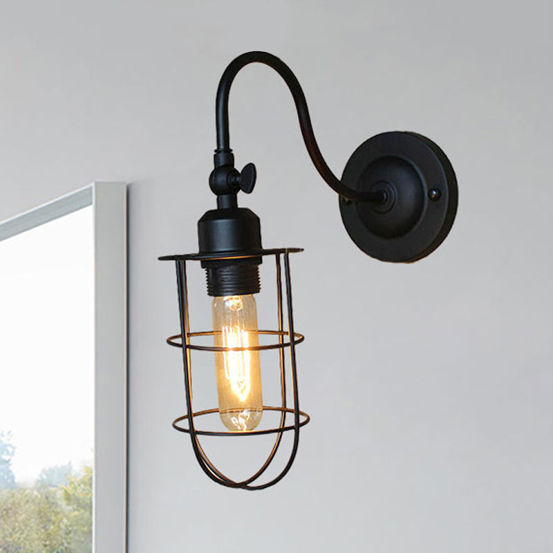 Frendorf | Schwarze Globe/Oval Käfig Wandmontage Licht mit Gooseneck Arm Retro-Stil Metall 1 Kopf Schlafzimmer Mini Wandleuchte