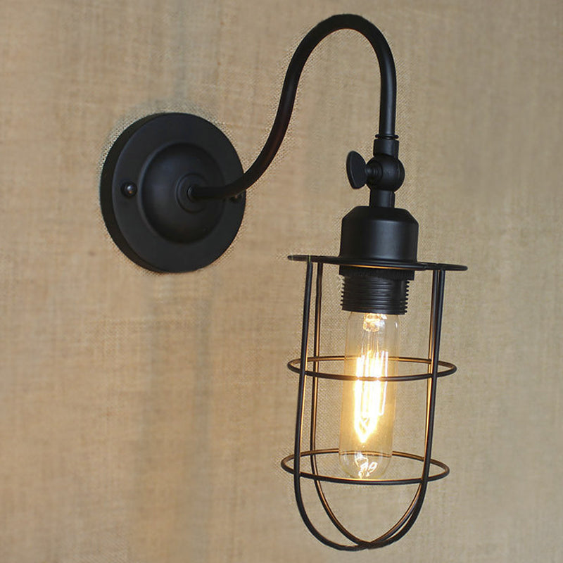 Frendorf | Schwarze Globe/Oval Käfig Wandmontage Licht mit Gooseneck Arm Retro-Stil Metall 1 Kopf Schlafzimmer Mini Wandleuchte
