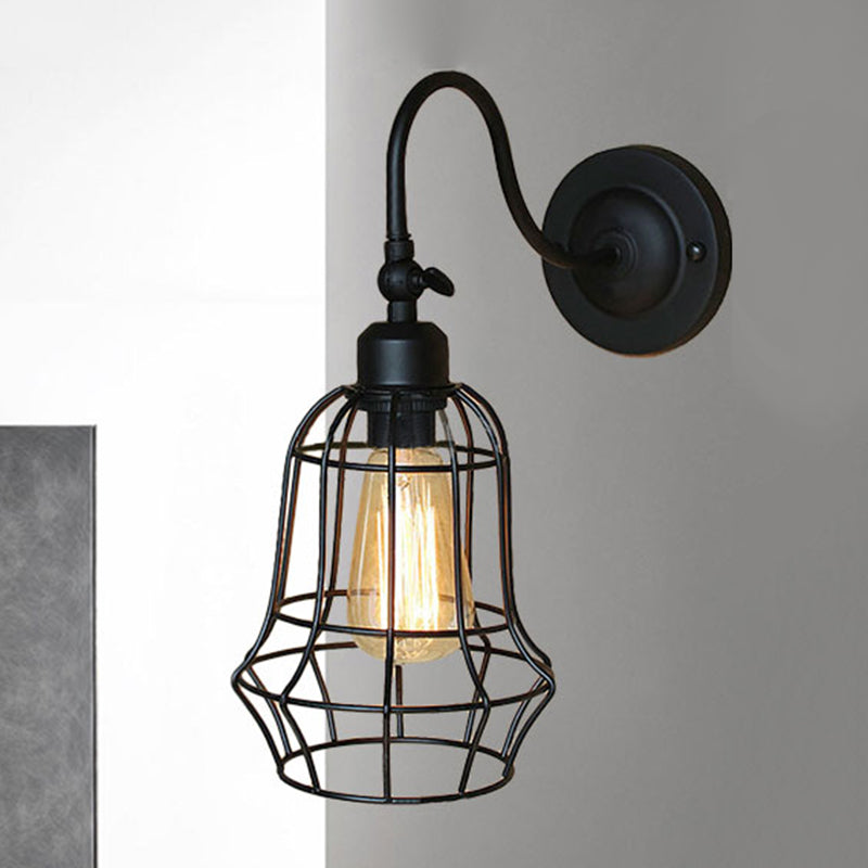 Frendorf | Schwarze Globe/Oval Käfig Wandmontage Licht mit Gooseneck Arm Retro-Stil Metall 1 Kopf Schlafzimmer Mini Wandleuchte