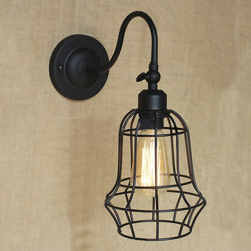 Frendorf | Schwarze Globe/Oval Käfig Wandmontage Licht mit Gooseneck Arm Retro-Stil Metall 1 Kopf Schlafzimmer Mini Wandleuchte
