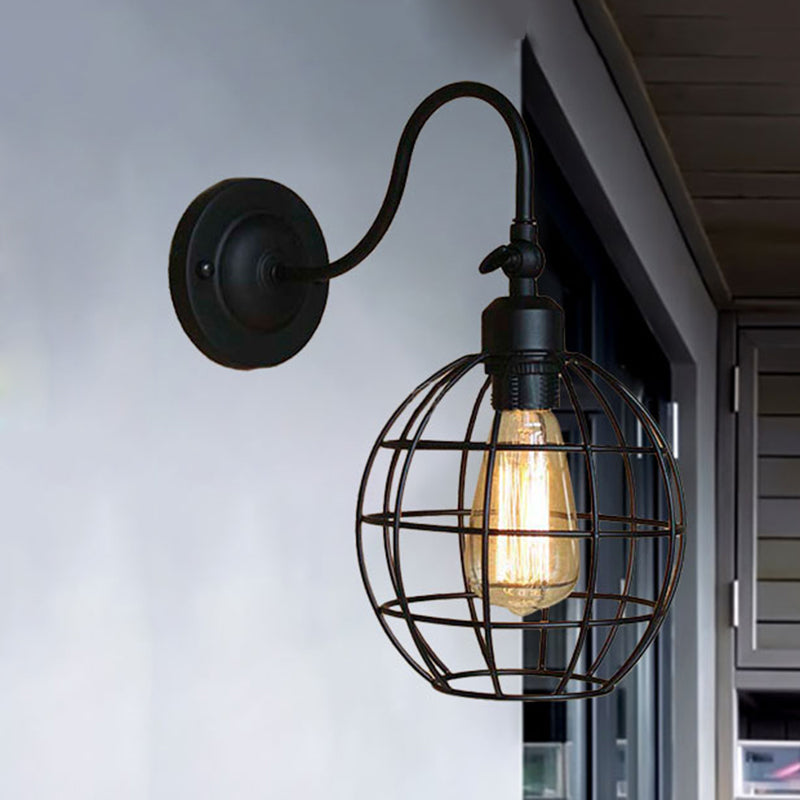 Frendorf | Schwarze Globe/Oval Käfig Wandmontage Licht mit Gooseneck Arm Retro-Stil Metall 1 Kopf Schlafzimmer Mini Wandleuchte