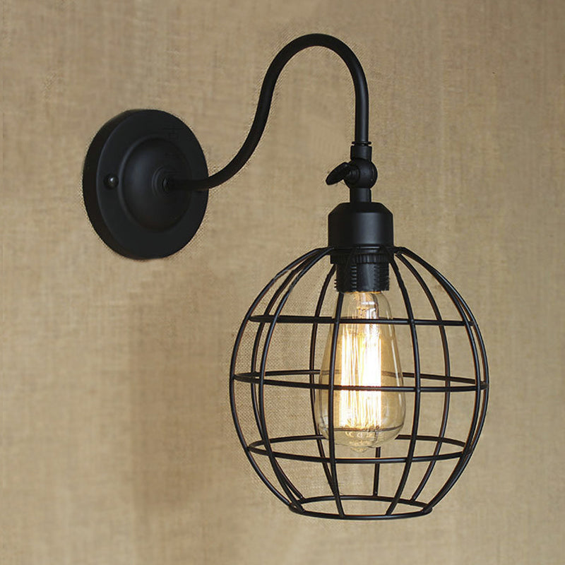 Frendorf | Schwarze Globe/Oval Käfig Wandmontage Licht mit Gooseneck Arm Retro-Stil Metall 1 Kopf Schlafzimmer Mini Wandleuchte