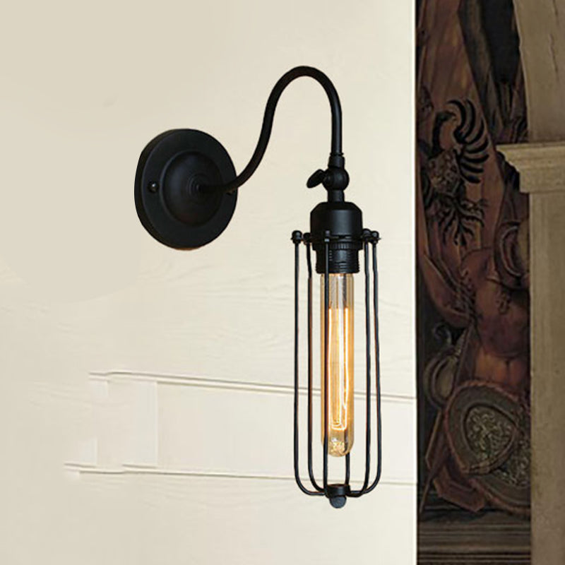 Frendorf | Schwarze Globe/Oval Käfig Wandmontage Licht mit Gooseneck Arm Retro-Stil Metall 1 Kopf Schlafzimmer Mini Wandleuchte
