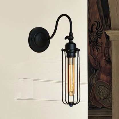 Frendorf | Schwarze Globe/Oval Käfig Wandmontage Licht mit Gooseneck Arm Retro-Stil Metall 1 Kopf Schlafzimmer Mini Wandleuchte