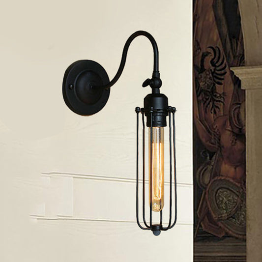 Frendorf | Schwarze Globe/Oval Käfig Wandmontage Licht mit Gooseneck Arm Retro-Stil Metall 1 Kopf Schlafzimmer Mini Wandleuchte
