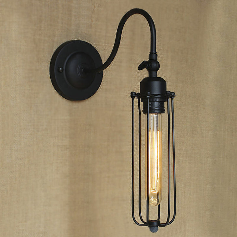 Frendorf | Schwarze Globe/Oval Käfig Wandmontage Licht mit Gooseneck Arm Retro-Stil Metall 1 Kopf Schlafzimmer Mini Wandleuchte