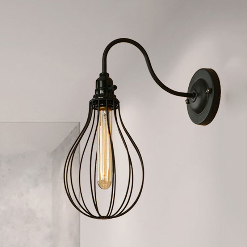 Frendorf | Metallische Oval-/Tröpfchen-/Glühbirnen-Wandleuchte mit Drahtschutz Industrie 1 Licht Balkon Wandleuchte montiert in Schwarz
