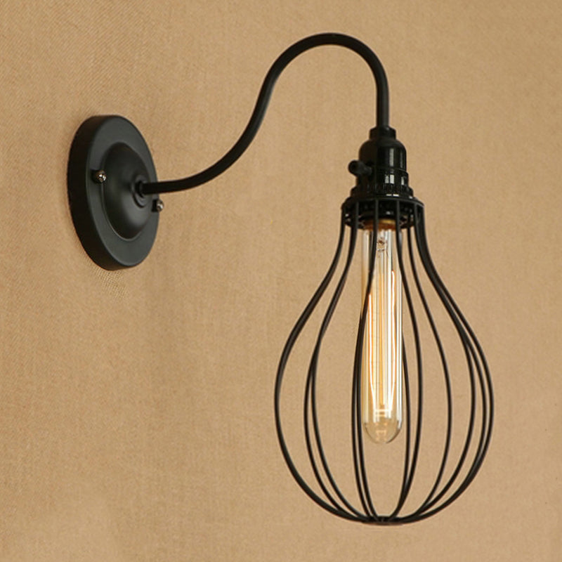 Frendorf | Metallische Oval-/Tröpfchen-/Glühbirnen-Wandleuchte mit Drahtschutz Industrie 1 Licht Balkon Wandleuchte montiert in Schwarz