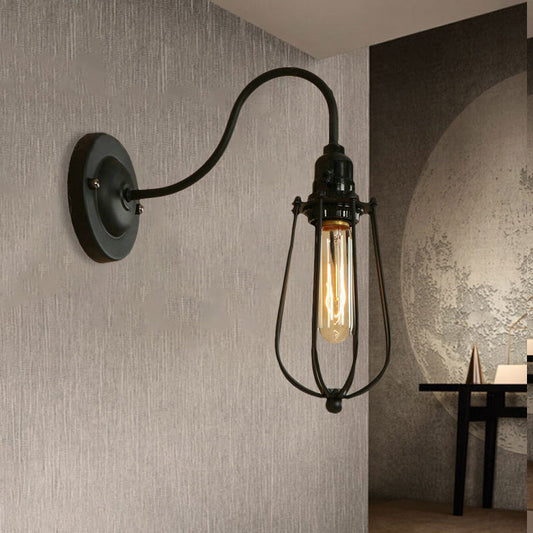 Frendorf | Metallische Oval-/Tröpfchen-/Glühbirnen-Wandleuchte mit Drahtschutz Industrie 1 Licht Balkon Wandleuchte montiert in Schwarz