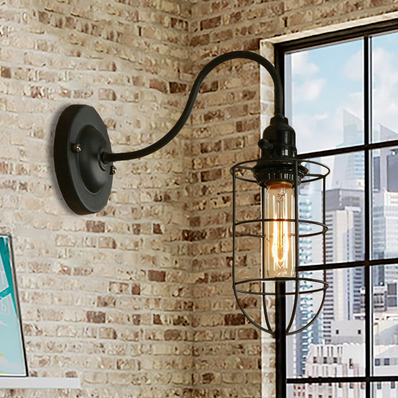 Frendorf | Metallische Oval-/Tröpfchen-/Glühbirnen-Wandleuchte mit Drahtschutz Industrie 1 Licht Balkon Wandleuchte montiert in Schwarz