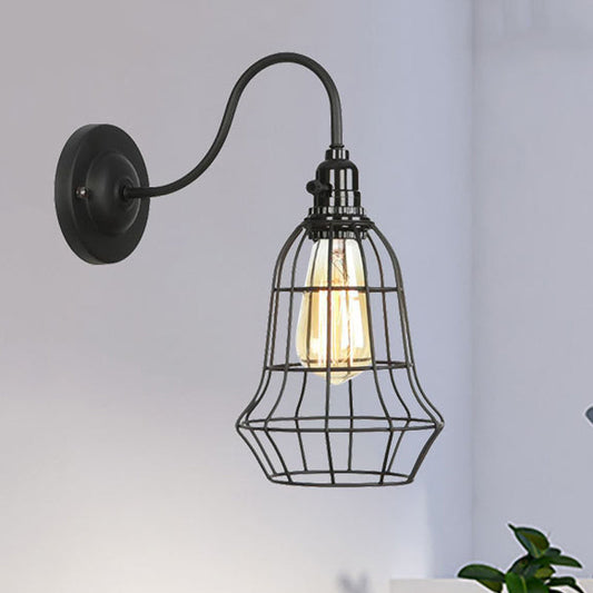 Frendorf | Industrielle Globe/Träne Käfig Wand Sconce Metall 1 Glühbirne Metallische Wandbeleuchtung mit Schwanenhalsarm in Schwarz