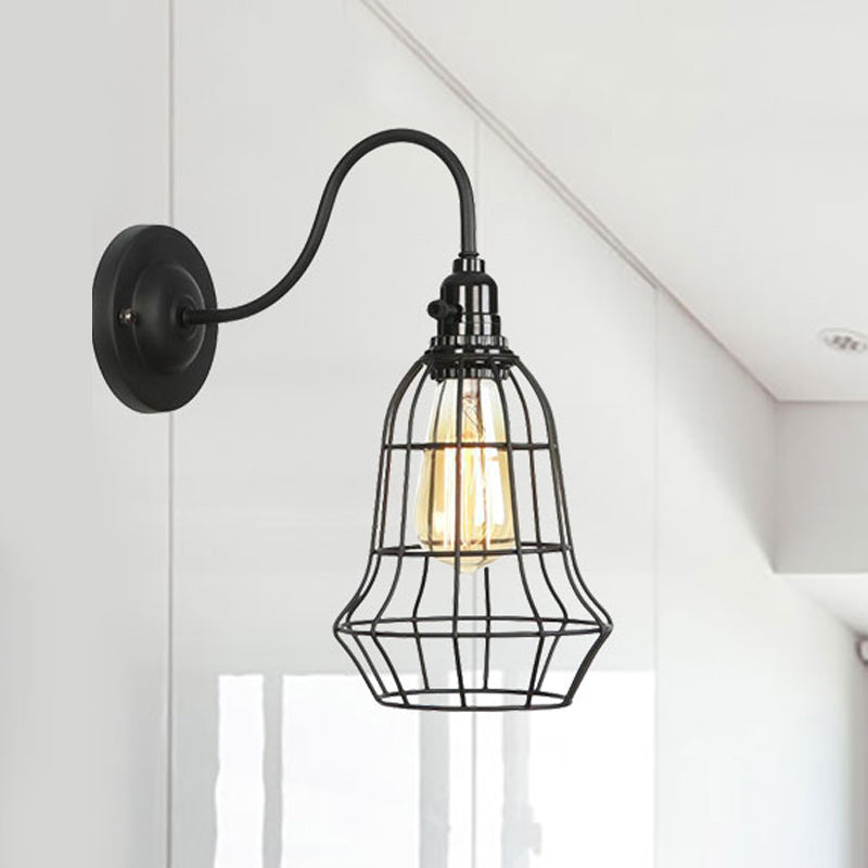 Frendorf | Industrielle Globe/Träne Käfig Wand Sconce Metall 1 Glühbirne Metallische Wandbeleuchtung mit Schwanenhalsarm in Schwarz