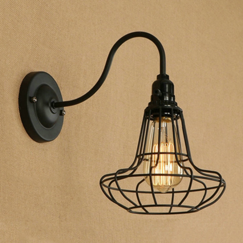 Frendorf | Industrielle Globe/Träne Käfig Wand Sconce Metall 1 Glühbirne Metallische Wandbeleuchtung mit Schwanenhalsarm in Schwarz