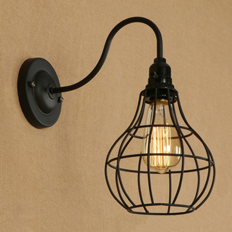 Frendorf | Industrielle Globe/Träne Käfig Wand Sconce Metall 1 Glühbirne Metallische Wandbeleuchtung mit Schwanenhalsarm in Schwarz