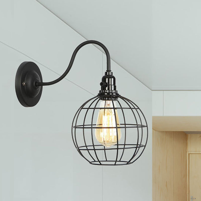 Frendorf | Industrielle Globe/Träne Käfig Wand Sconce Metall 1 Glühbirne Metallische Wandbeleuchtung mit Schwanenhalsarm in Schwarz