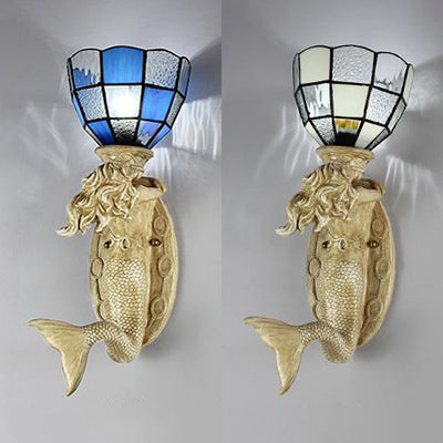 Frendorf | Harz Meerjungfrau Wand Scone Licht mit Gitterglas-Schirm 1 Kopf Lodge Wandmontage Licht in Weiß/Blau