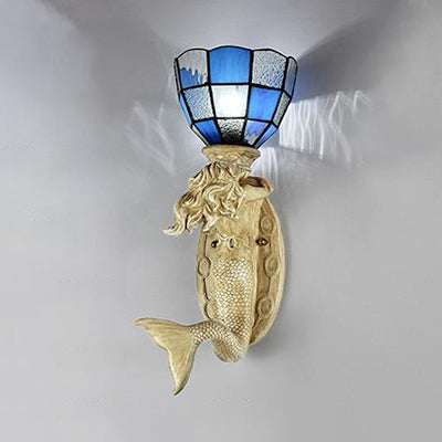 Frendorf | Harz Meerjungfrau Wand Scone Licht mit Gitterglas-Schirm 1 Kopf Lodge Wandmontage Licht in Weiß/Blau
