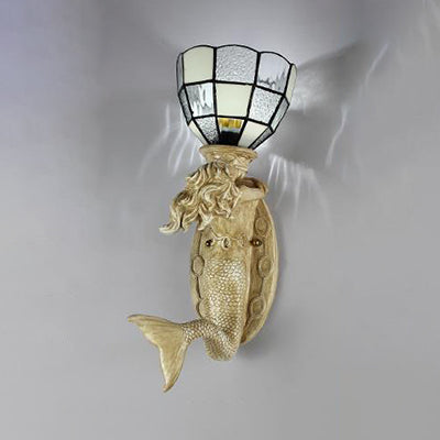 Frendorf | Harz Meerjungfrau Wand Scone Licht mit Gitterglas-Schirm 1 Kopf Lodge Wandmontage Licht in Weiß/Blau