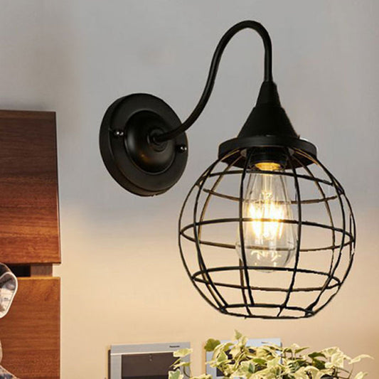 Frendorf | Rustikale Stil Ball Cage Wandbeleuchtung mit Gänneckarm 1 Glühbirne Eisen Wandleuchte in Rost/schwarz Finish