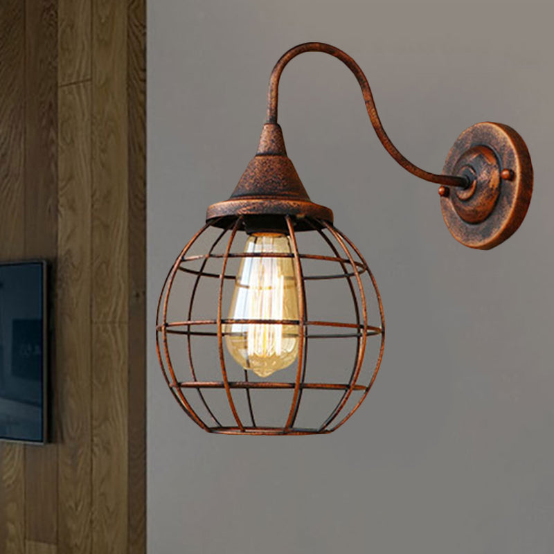 Frendorf | Rustikale Stil Ball Cage Wandbeleuchtung mit Gänneckarm 1 Glühbirne Eisen Wandleuchte in Rost/schwarz Finish